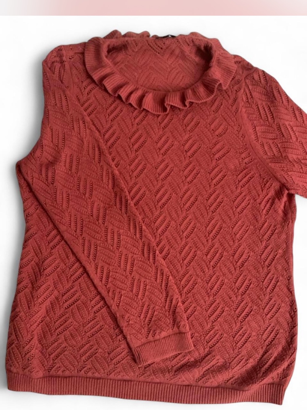 Quiet Luxury Talbots Rust Ruffle Neck Pointelle Sweater Size XL